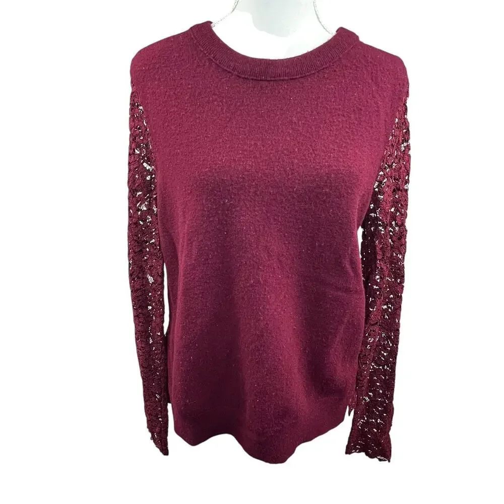 Tory Burch Maroon Dina Merino Wool Lace Sleeves Crew Neck Sweater L Peplum Back